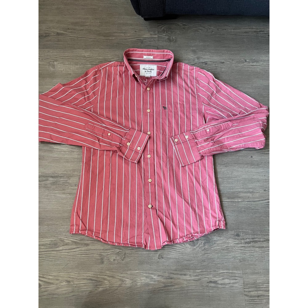 Vintage Abercrombie & Fitch Men's Long Sleeve Striped Button Down Red Size XL